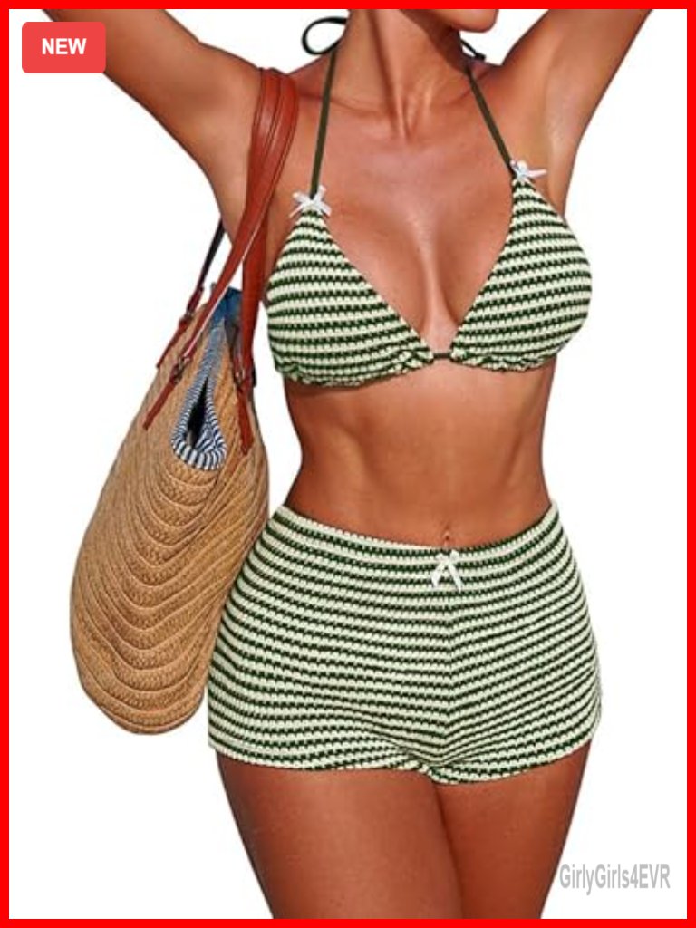 Halter Triangle Bikini Set With Boyshort Bottoms Striped Print Adjustable